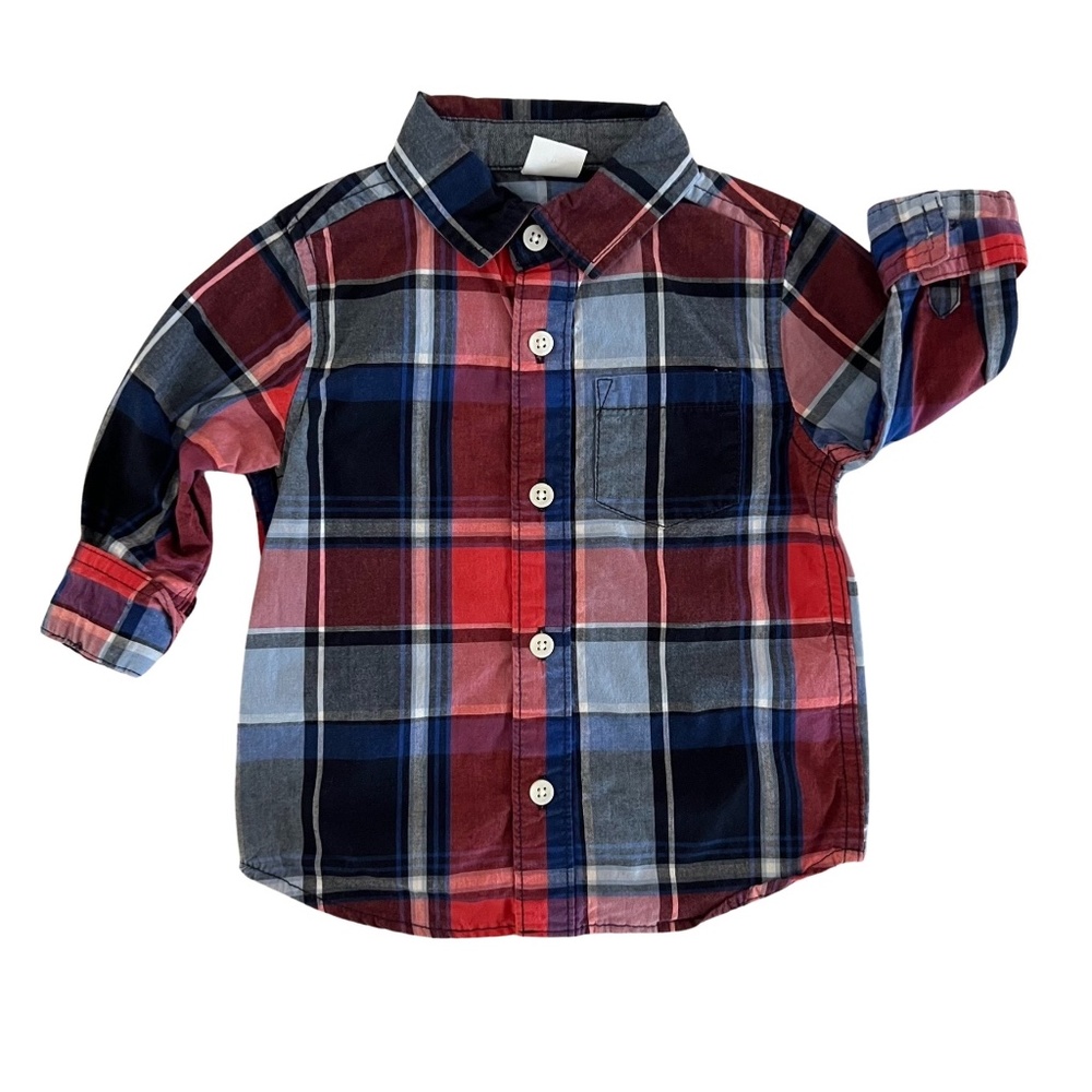 GYMBOREE | LONG SLEEVE WOVEN SHIRT | RED/BLUE PLAID | BABY BOY | SIZE 12-18M
